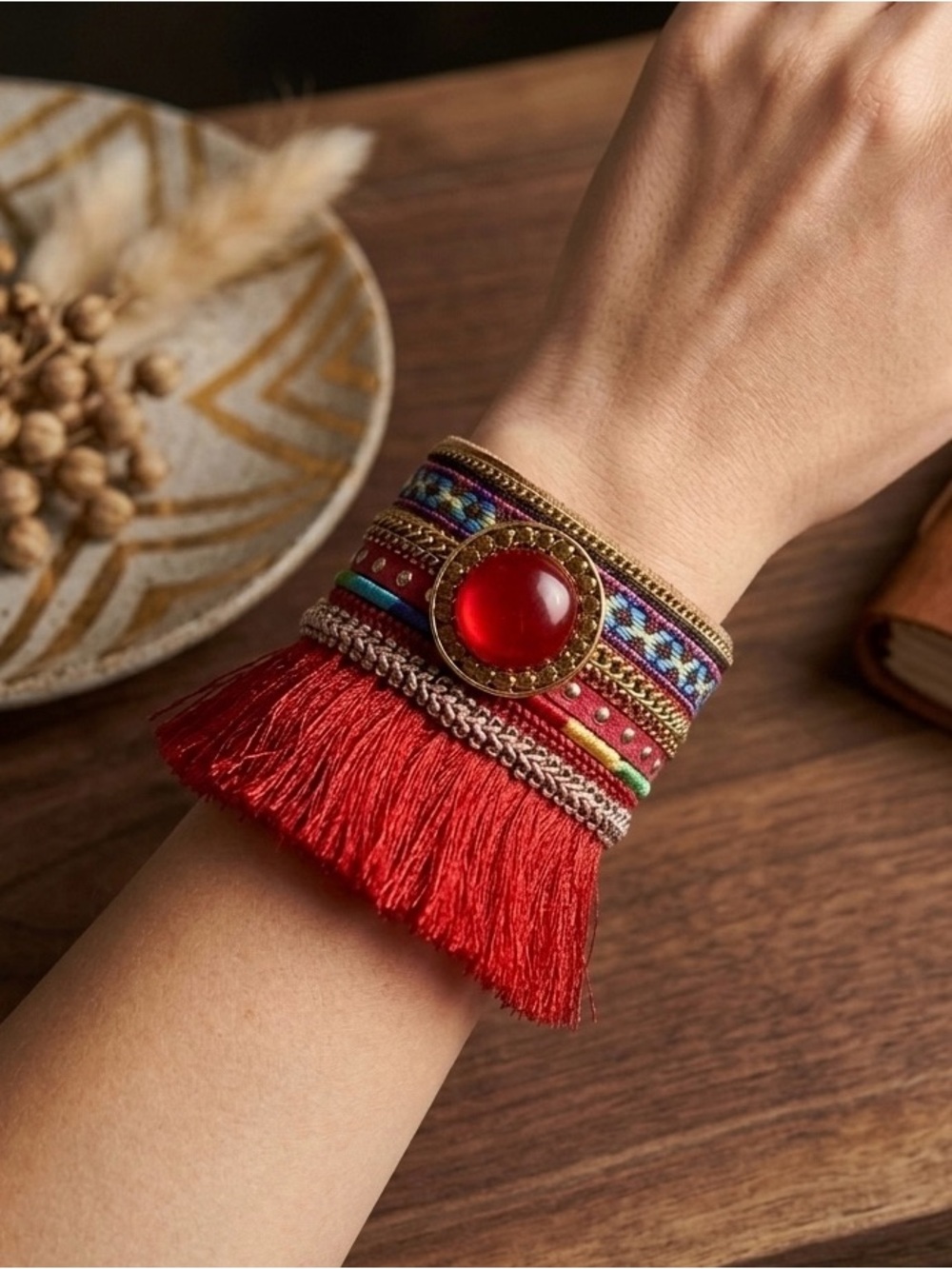 Laura Janelle RGLB Red Leather Gemstone Cuff Bracelet 7" - NWT, Boho Bracelet